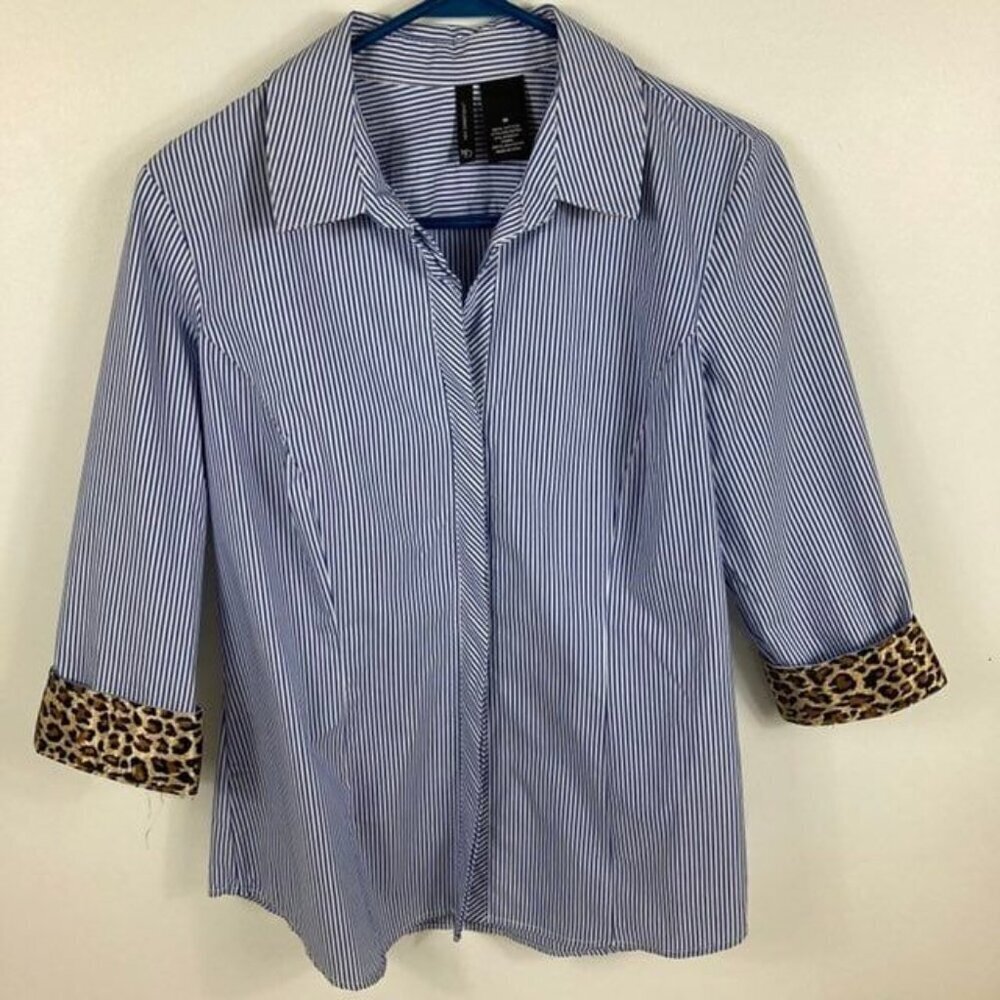 Womens New Directions Striped Leopard Shirt Blue White M